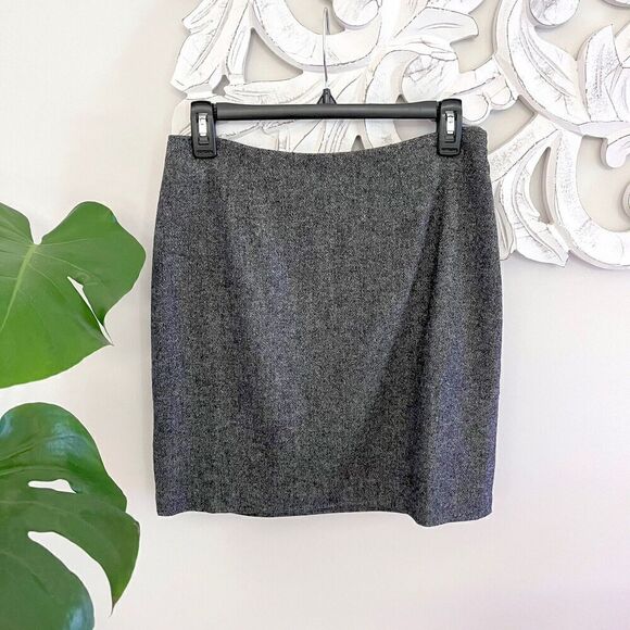 Garnet Hill Wool Skirt Womens 2 Gray Tweed Back Zip Career Minimal Classic Slit - Picture 1 of 8